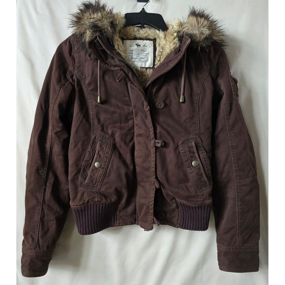 VTG Abercrombie & Fitch Women's Med Brown Faux Fur Lined Hooded Bomber Jacket